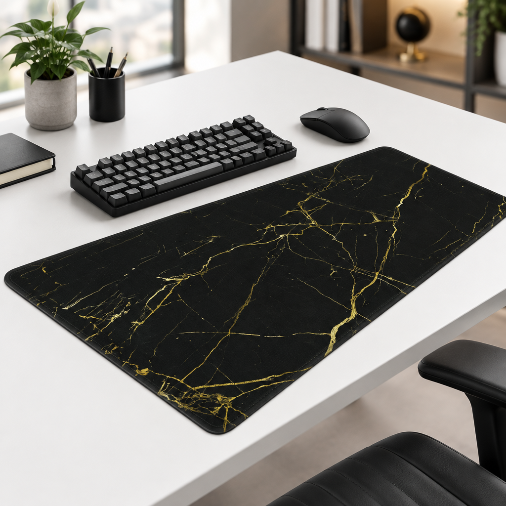 A large rectangular desk mat with a black marble pattern and gold veining, displayed on a white desk next to a keyboard, mouse, and office accessories.