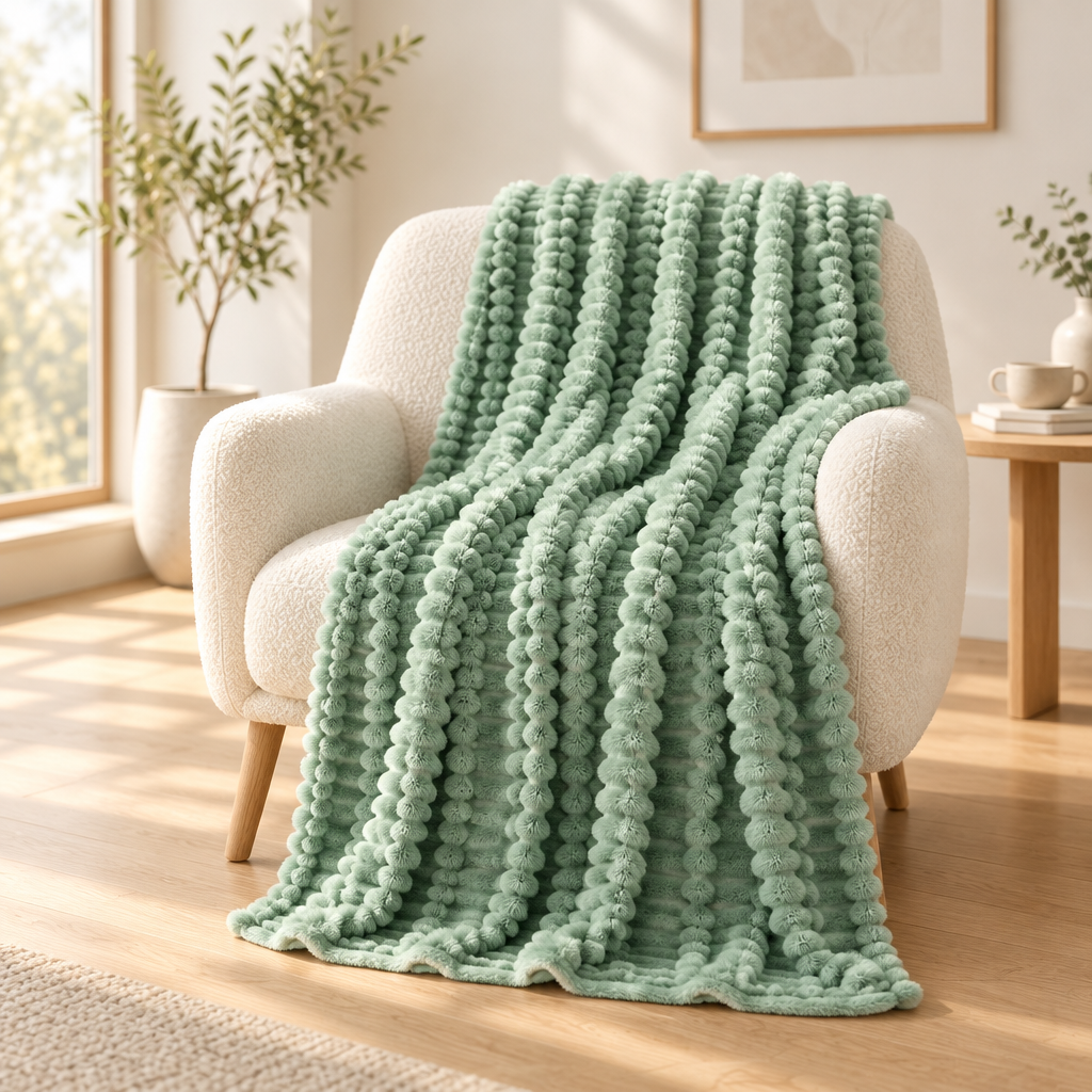 A green, chunky-knit throw blanket draped over a cream-coloured armchair in a bright, modern living room with wooden floors and potted plants.