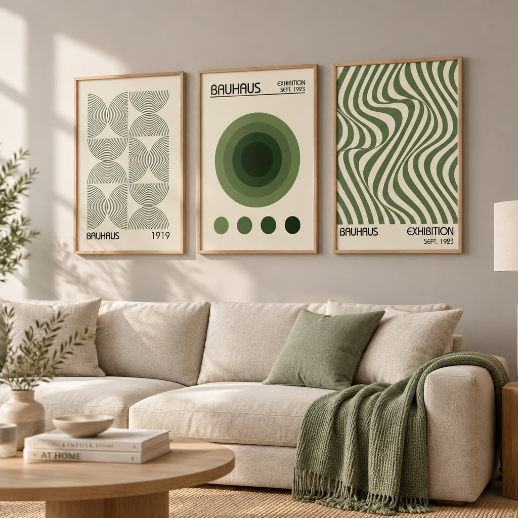 Three framed Bauhaus-style art prints in green and cream hang above a light beige sofa in a styled living room. The prints feature geometric and wavy abstract patterns with Bauhaus text.