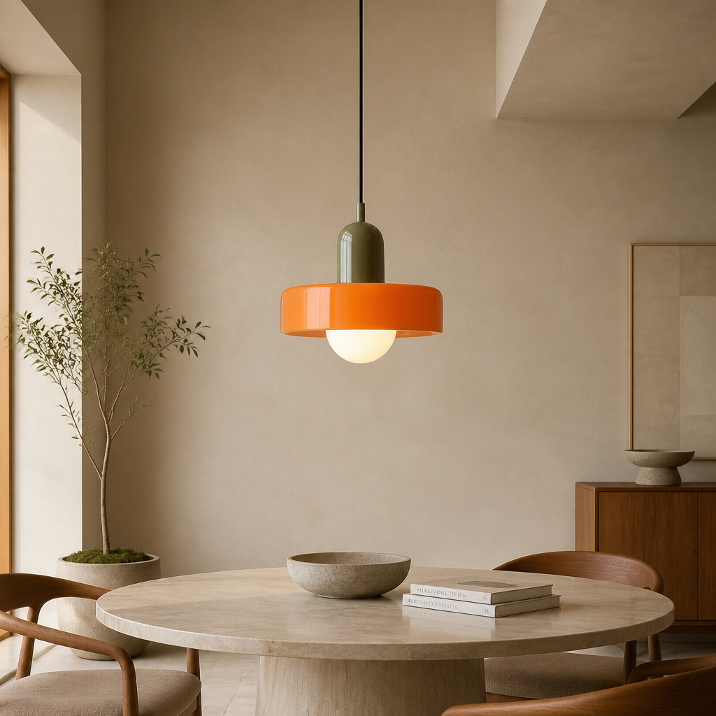 A modern pendant light with a glossy orange ring shade and an olive green cylindrical shade, hanging over a round dining table in a minimalist, warm-toned room.