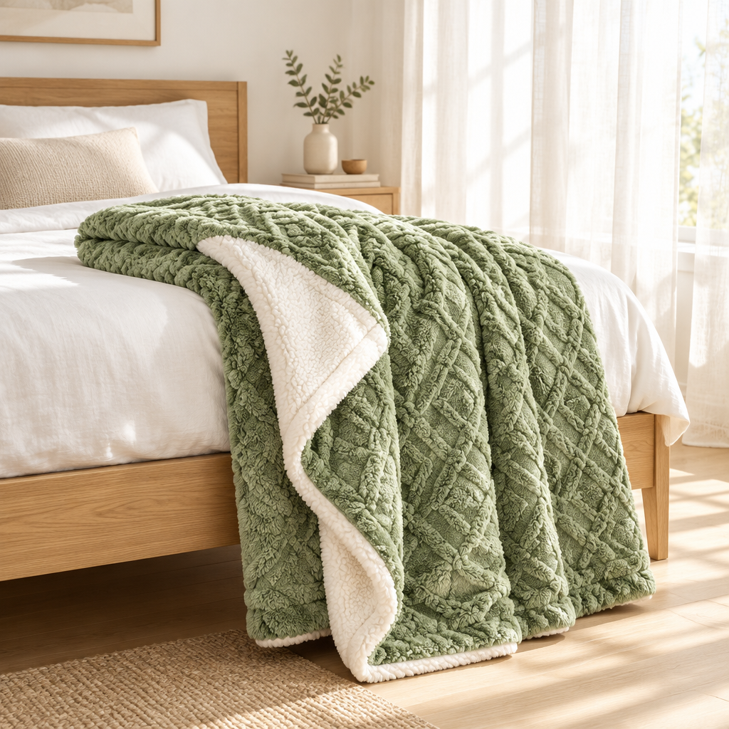 A green textured throw blanket with a cream sherpa lining draped over a wooden bed in a bright, sunlit bedroom.