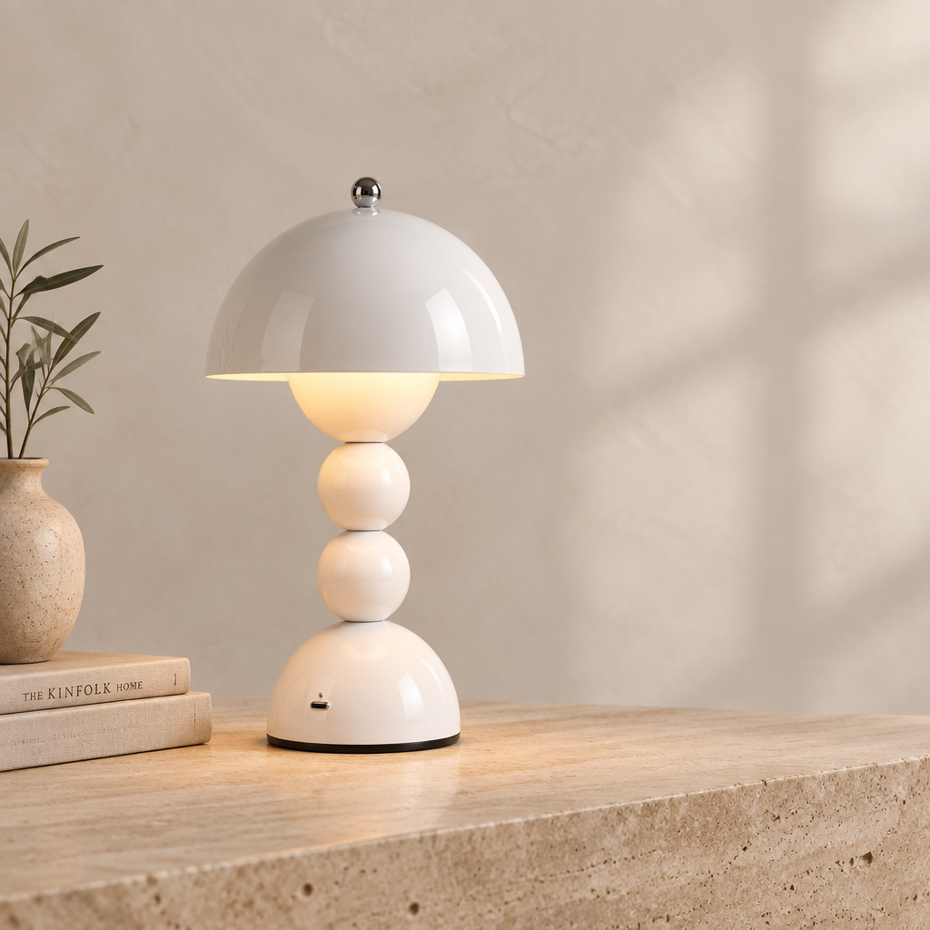 A modern mushroom-shaped table lamp with a glossy white dome shade and three stacked spherical bases, glowing with a warm light on a stone tabletop next to stacked books and a small plant.