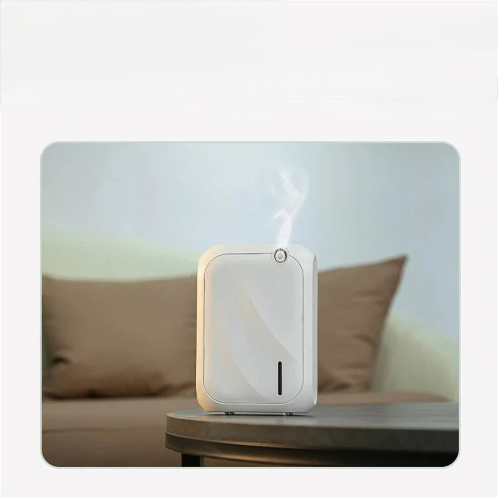 Air purifier on a table with a blurred background of a living room.
