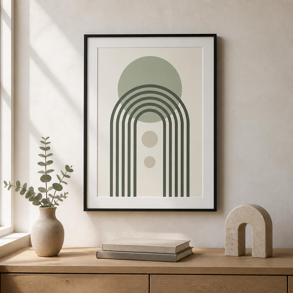 Abstract green and cream canvas print with layered arch lines and circular shapes.