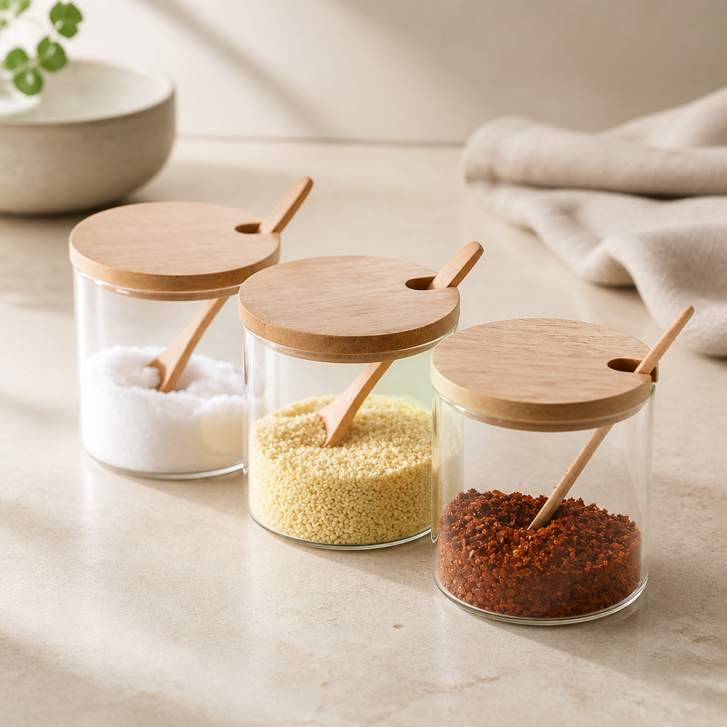 Three glass jars with wooden lids and内置spoons on a light surface.