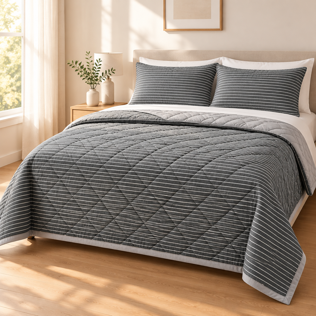 Dark grey quilted comforter with white pinstripes and a light grey border.