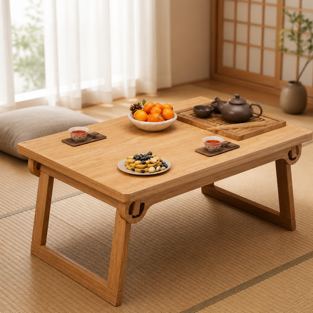 Natural wood folding table in 60 x 40 x 33cm size with foldable legs and pine tabletop detail.