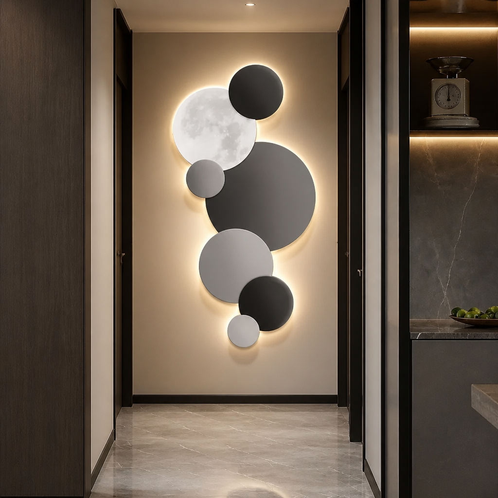 Black and grey moon-inspired LED wall light in a modern hallway