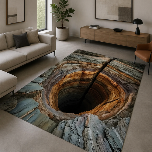 A large rectangular area rug featuring a realistic 3D-effect petrified wood tree-hole design in earthy tones of brown, orange, and blue-gray, shown in a modern living room setting.