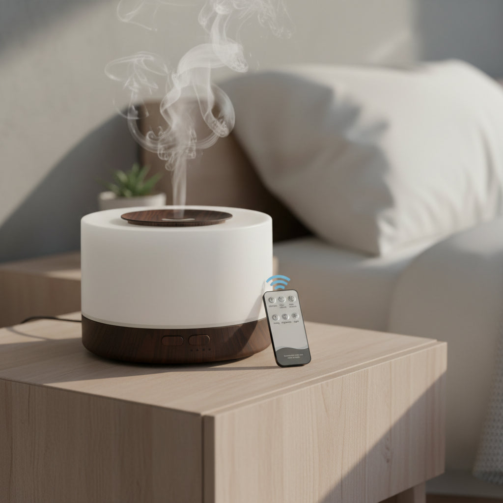 White and wooden diffuser with remote control on a bedside table.