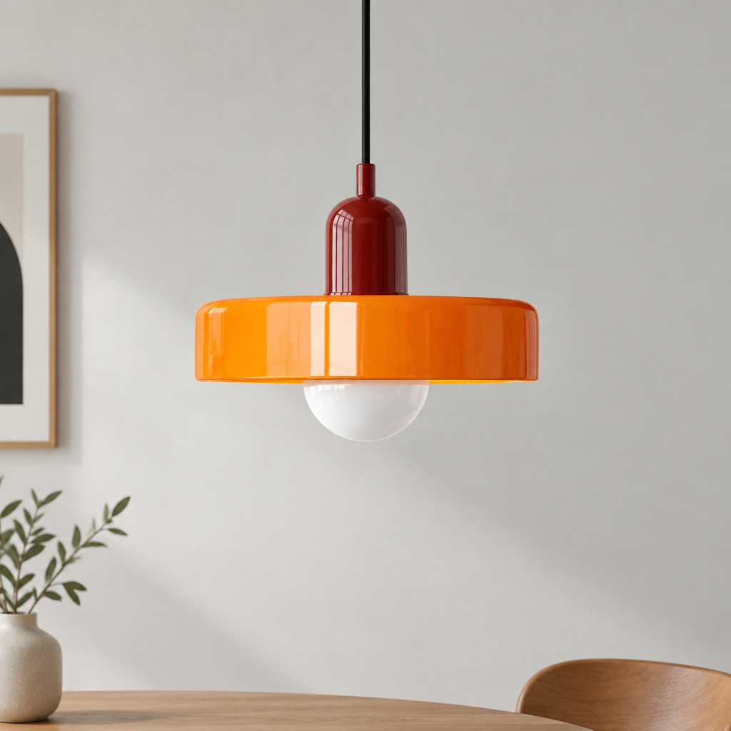 A modern pendant light with a glossy orange circular shade, a dark red cylindrical neck, a black hanging cord, and a white globe bulb, shown in a minimalist dining room setting.