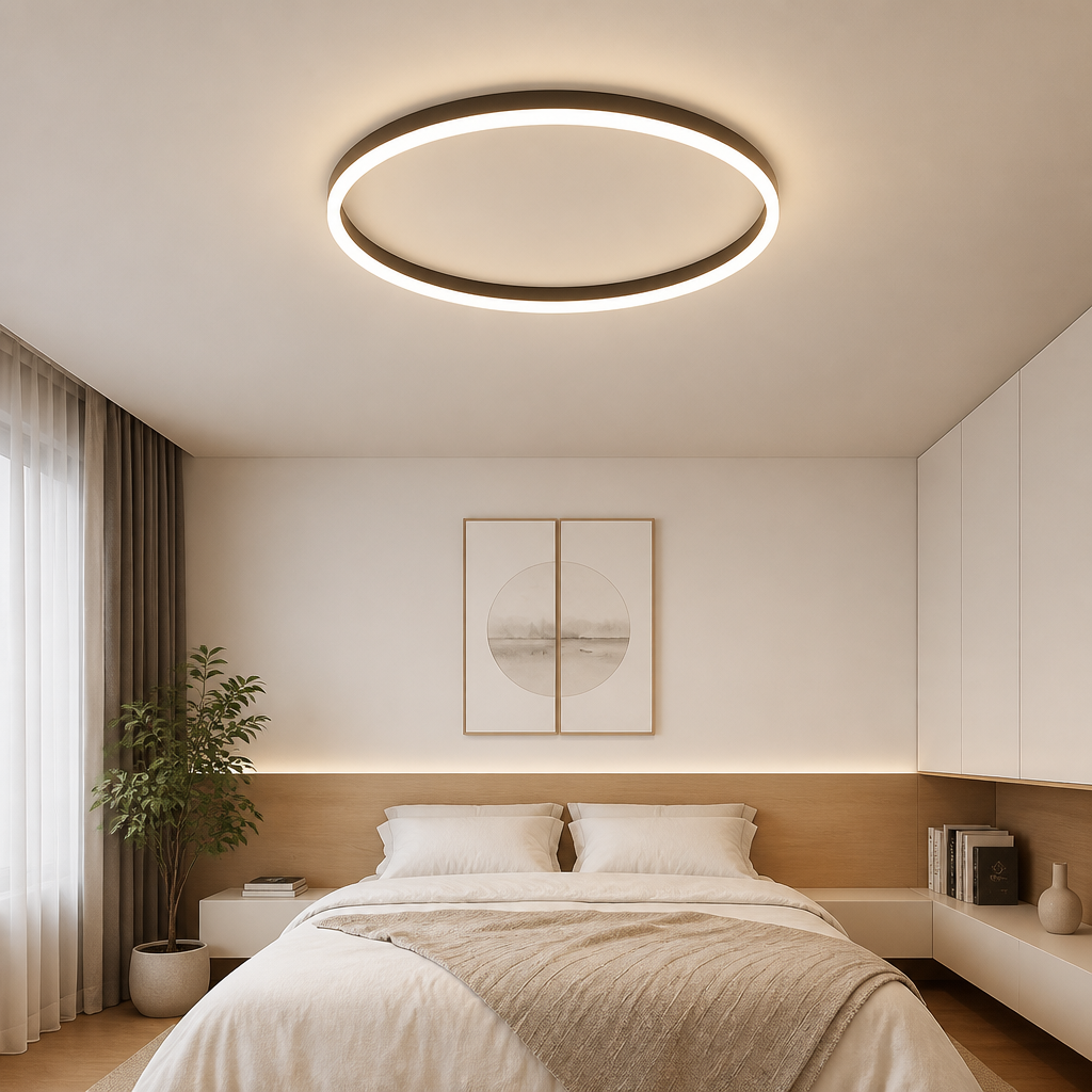Black modern round LED ceiling light with warm circular glow and surface-mounted design.