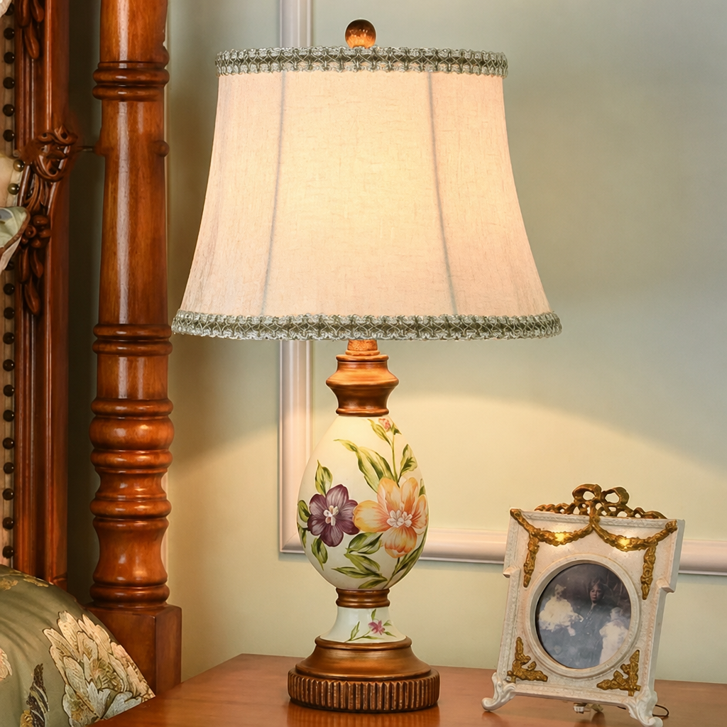 Hand-painted floral resin table lamp on a wooden nightstand beside an antique-style picture frame