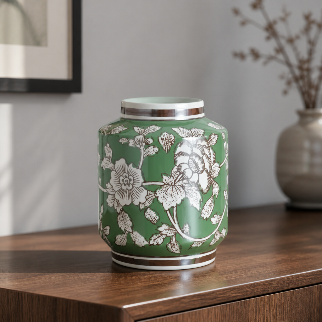 Green ceramic vase with white floral patterns on a wooden surface