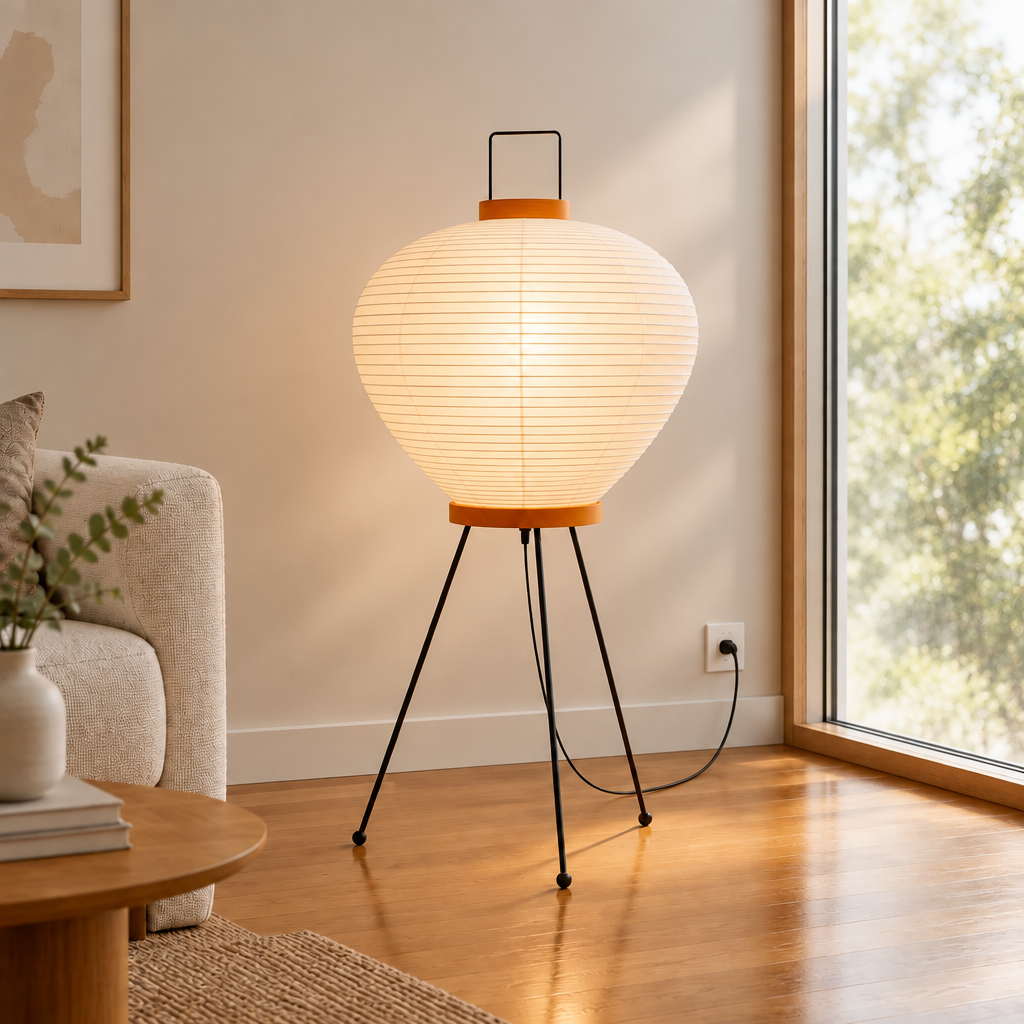 Medium rice paper lamp with orange trim on a black metal tripod base, 68cm tall and 33cm wide.