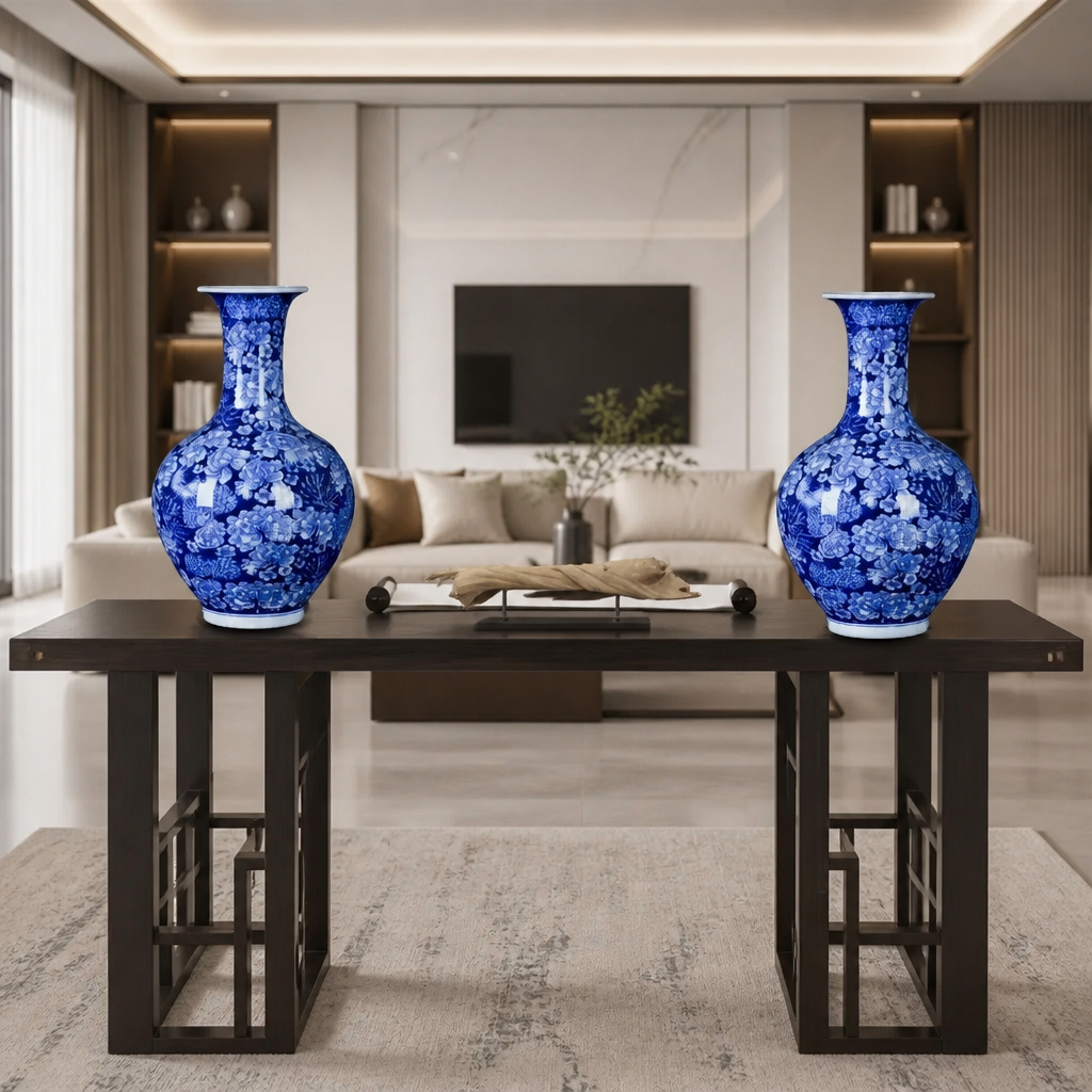 Blue and white pear-shaped porcelain vase with flared mouth