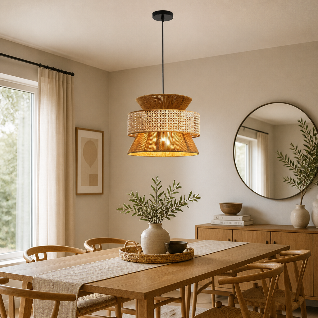A modern multi-tiered pendant light with a woven wicker shade and a warm yellow-gold inner fabric, hanging in a beautifully styled, minimalist dining room with light wood furniture and beige walls.