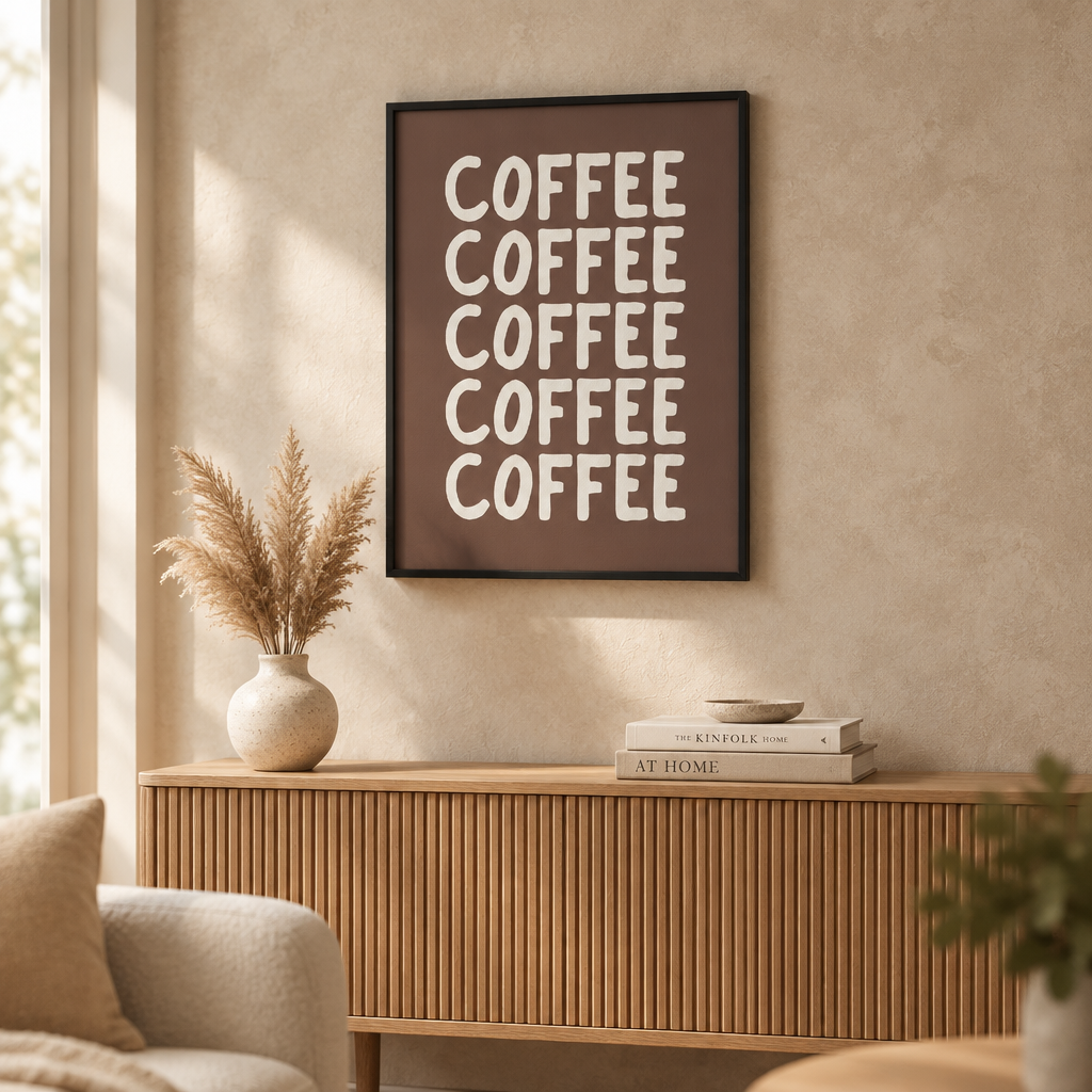 Coffee Repeat Text White: "Coffee" repeated typographic print in white on brown