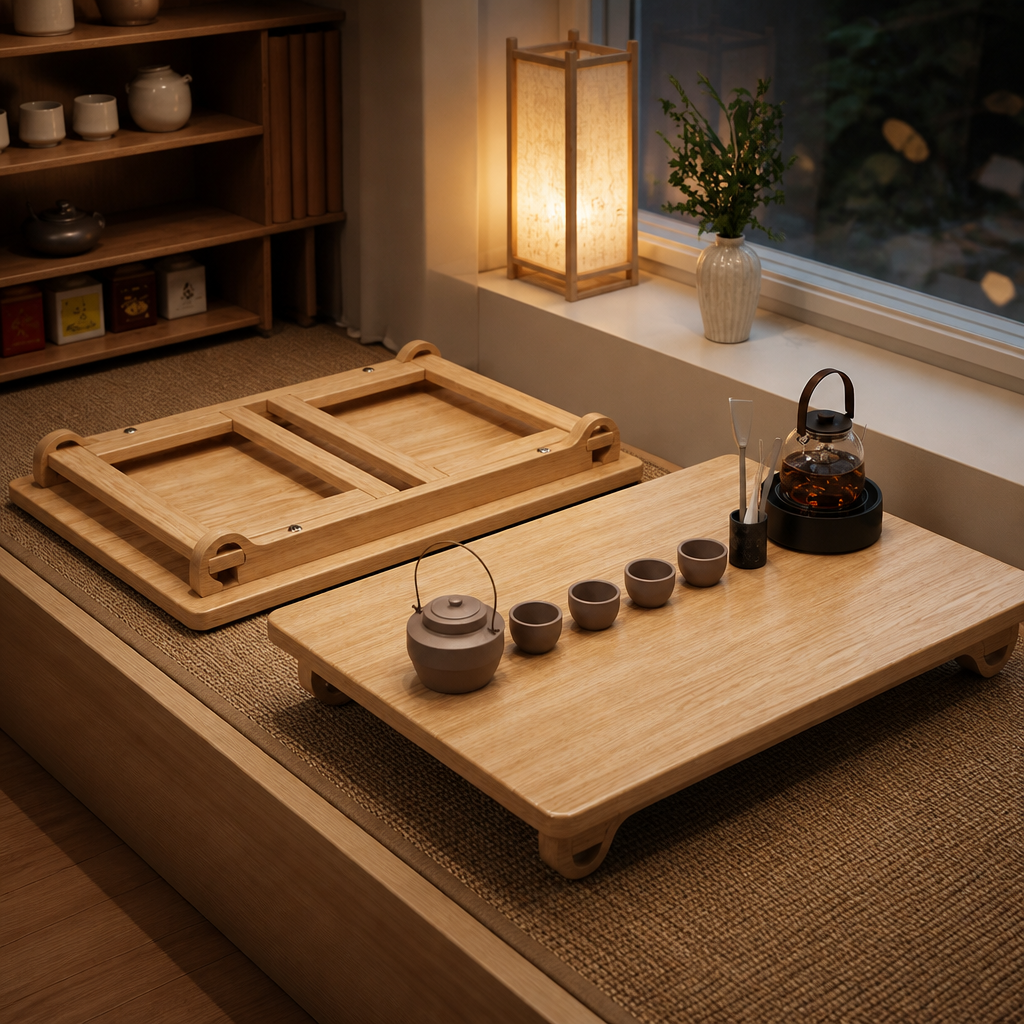 Foldable wooden table shown flat and open with space-saving storage design.