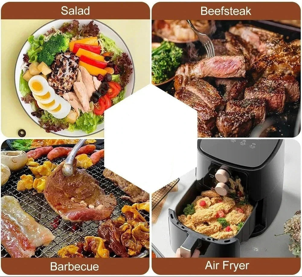 Collage of different types of food including salad, beefsteak, barbecue, and air fryer dish.