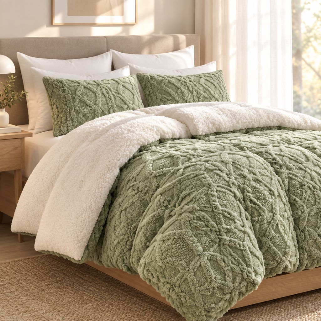A cosy bed dressed in a sage-green textured quilted comforter with a plush cream sherpa underside, styled with matching green and white pillows, in a warm, sunlit bedroom.
