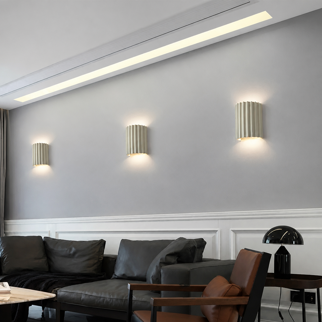 White ribbed resin wall lamps with smooth fluted texture.