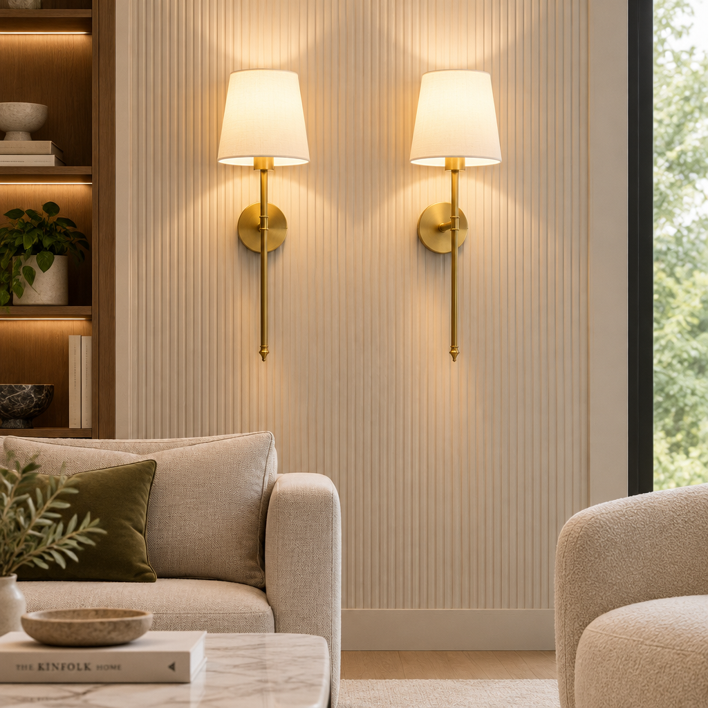 Pair of gold rechargeable wall sconces with white tapered shades.
