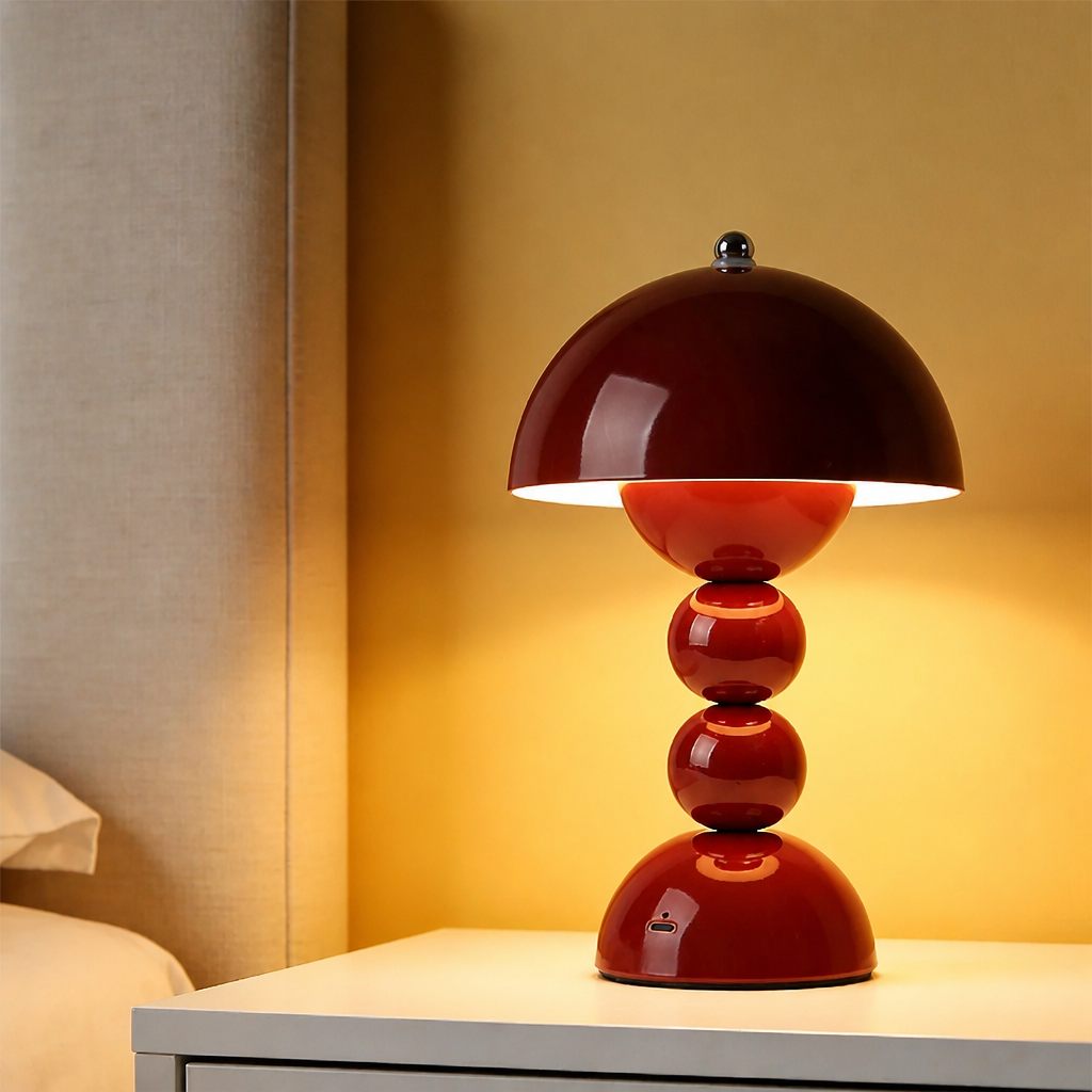 A glossy red table lamp with a dome-shaped shade and stacked spherical base, illuminated on a bedside table against a warm yellow wall.