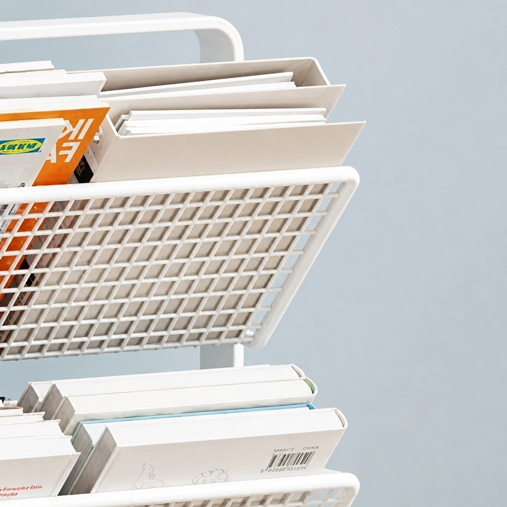 Close-up of white storage rack.