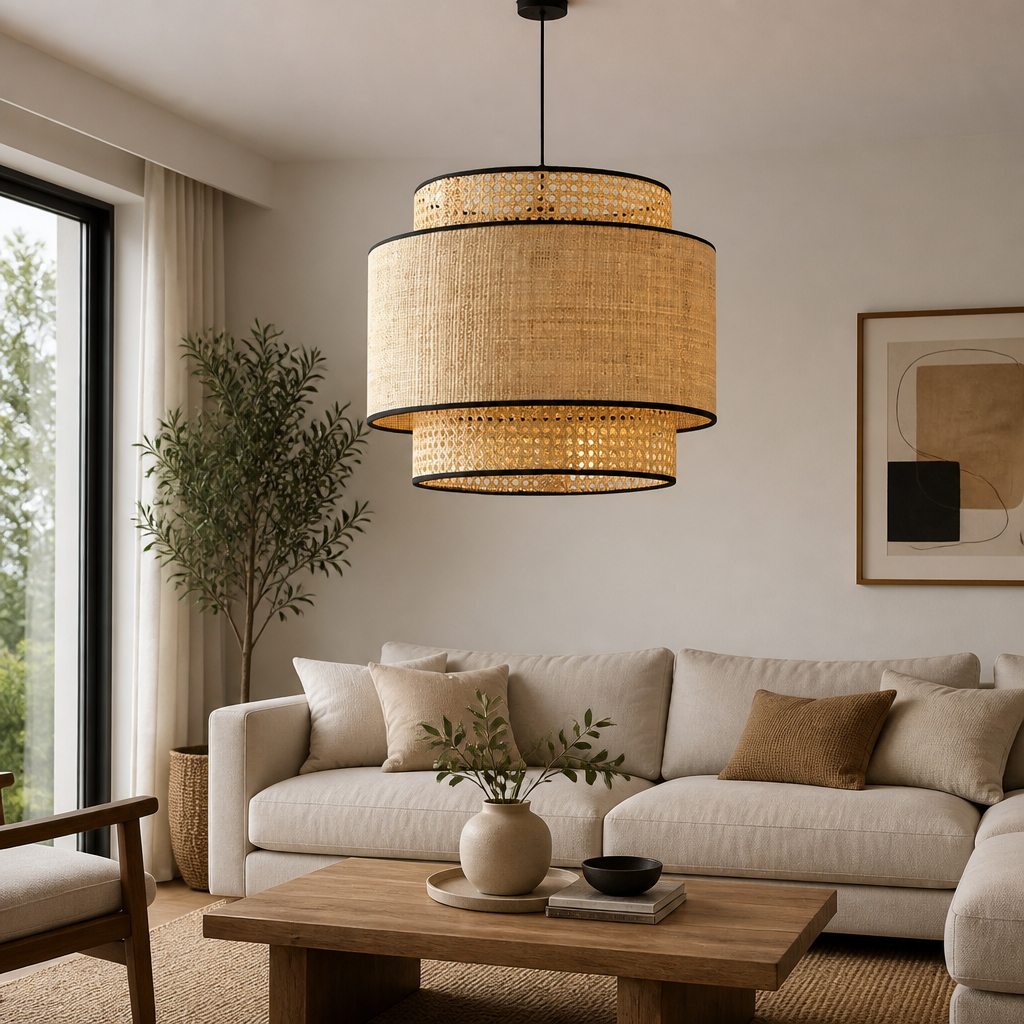 A modern two-tier drum pendant light with a woven natural fiber shade and black metal trim, hanging in a styled living room above a beige sofa.