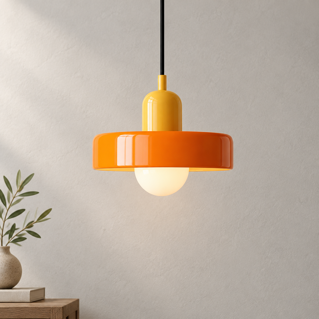 A modern pendant light with a glossy yellow top section, a wide orange ring shade, and a glowing white globe bulb, hanging against a textured light gray wall with a small plant and books in the lower left corner.