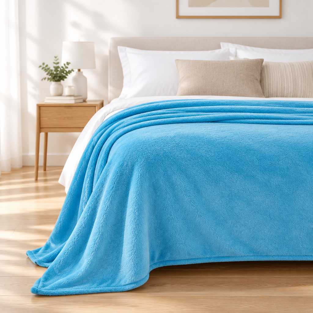 Sky blue plush blanket on a bed with a grey cushion