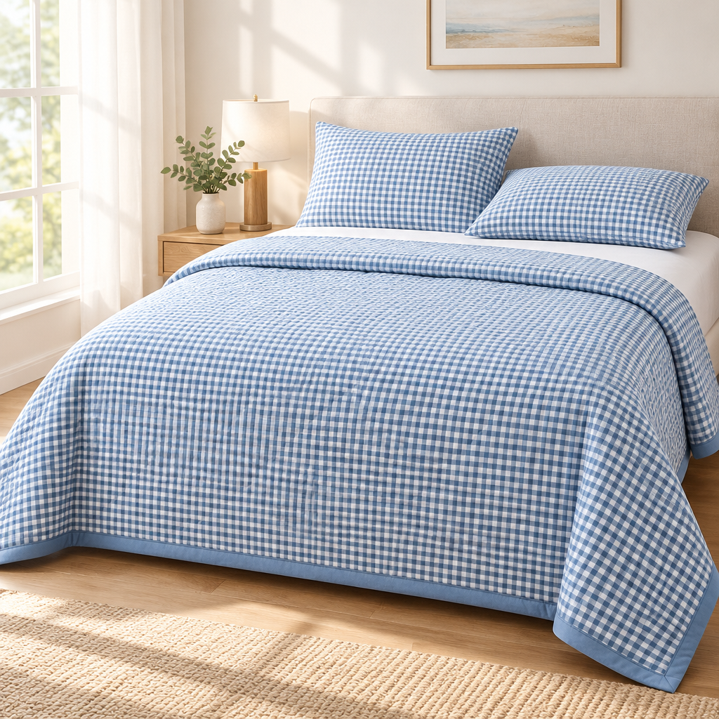 Blue and white gingham quilted comforter folded on a bed with a light 