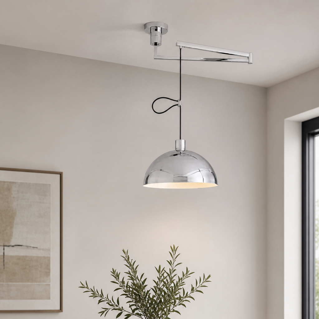 Polished chrome dome pendant light with adjustable metal arm