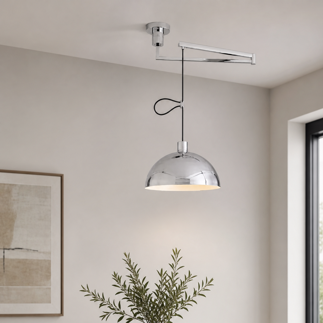 Polished chrome dome pendant light with adjustable metal arm