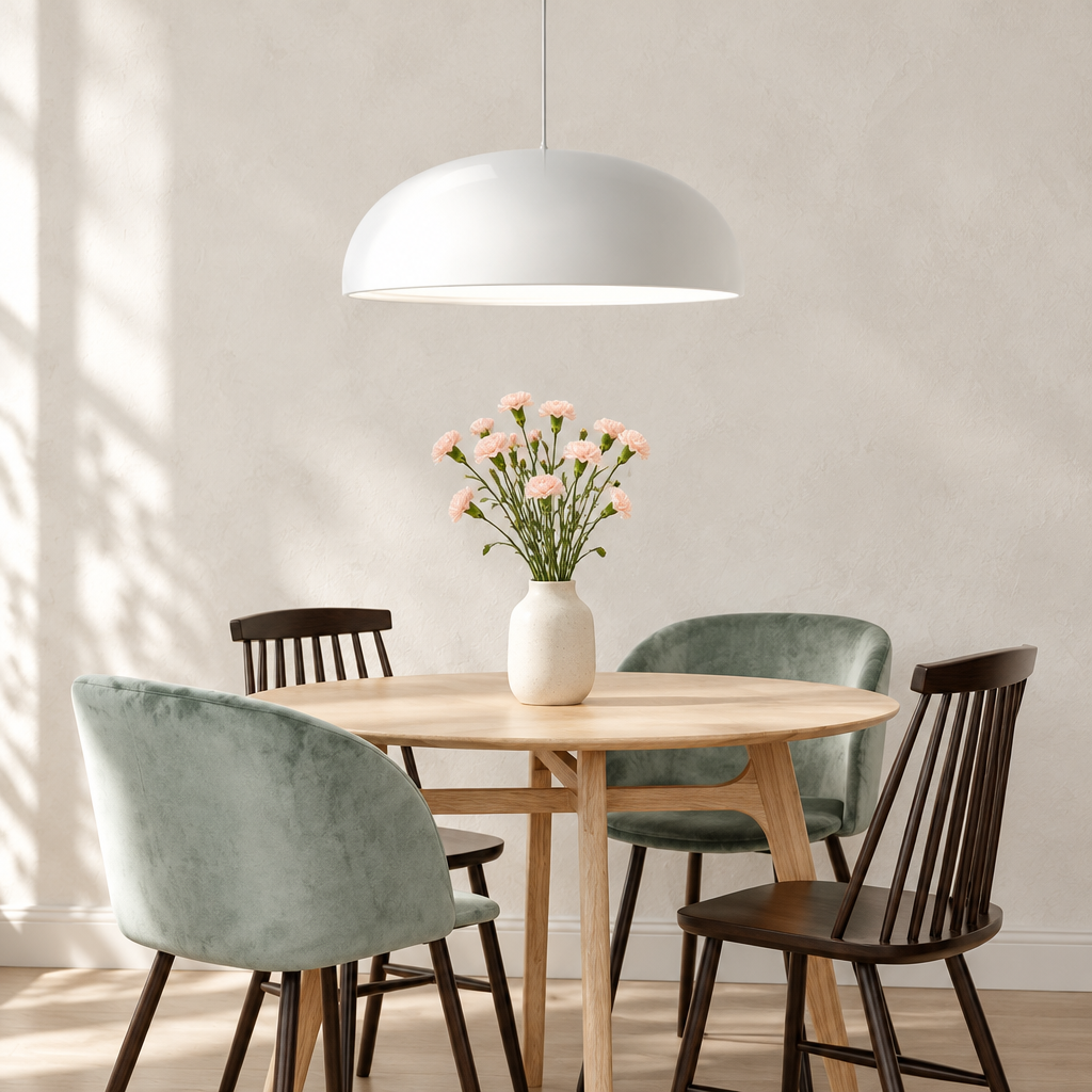 A modern dining room scene with a round light wood table, four upholstered chairs in dark wood and sage green velvet, a white vase of pink flowers, and a large white dome pendant light overhead.