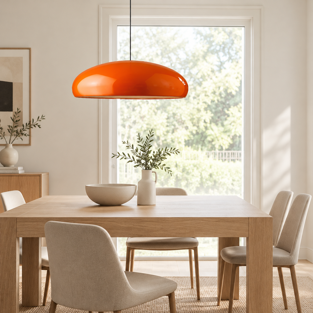 A modern dining room scene with a light wood table, beige upholstered chairs, and a glossy orange dome pendant light hanging above. A white vase with greenery and a bowl sit on the table, with a large window behind showing outdoor greenery.