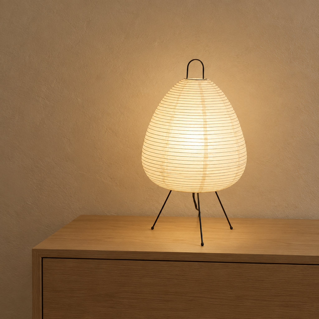 Small egg-shaped rice paper lamp on a slim metal tripod base, 47cm tall and 28cm wide.