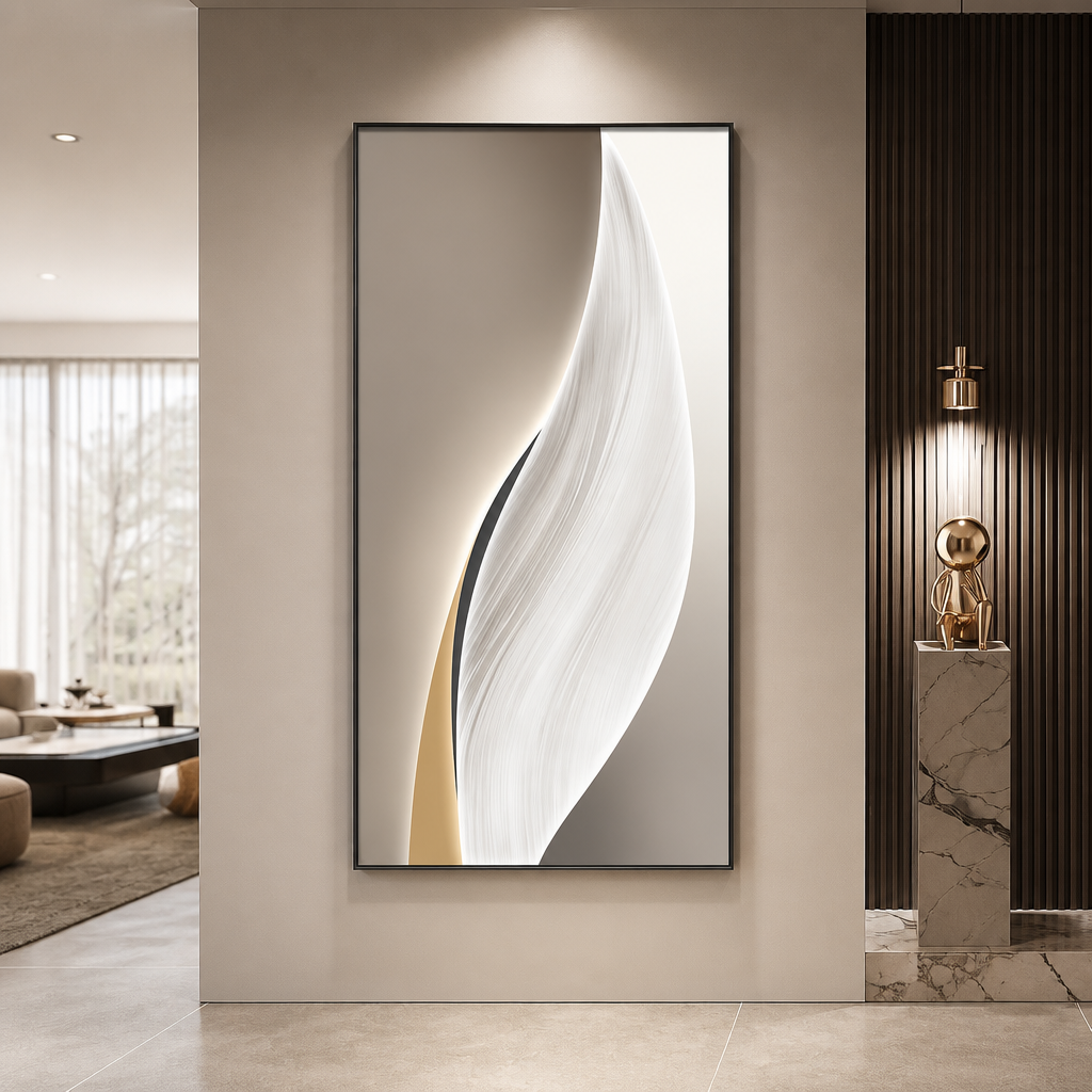 Beige and white curved wall light panel in a modern entryway