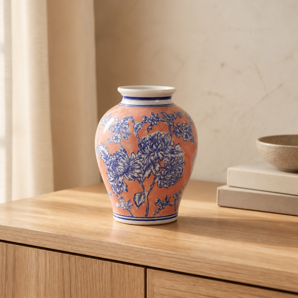 Coral Chinese porcelain vase with blue floral pattern