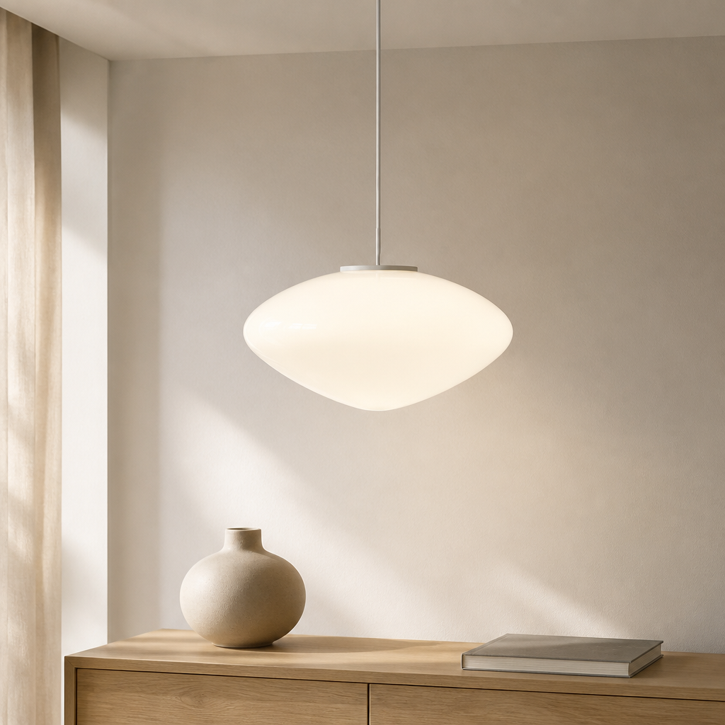 Small glass LED ceiling shade with adjustable suspension cable, measuring 25cm wide and 13cm high.