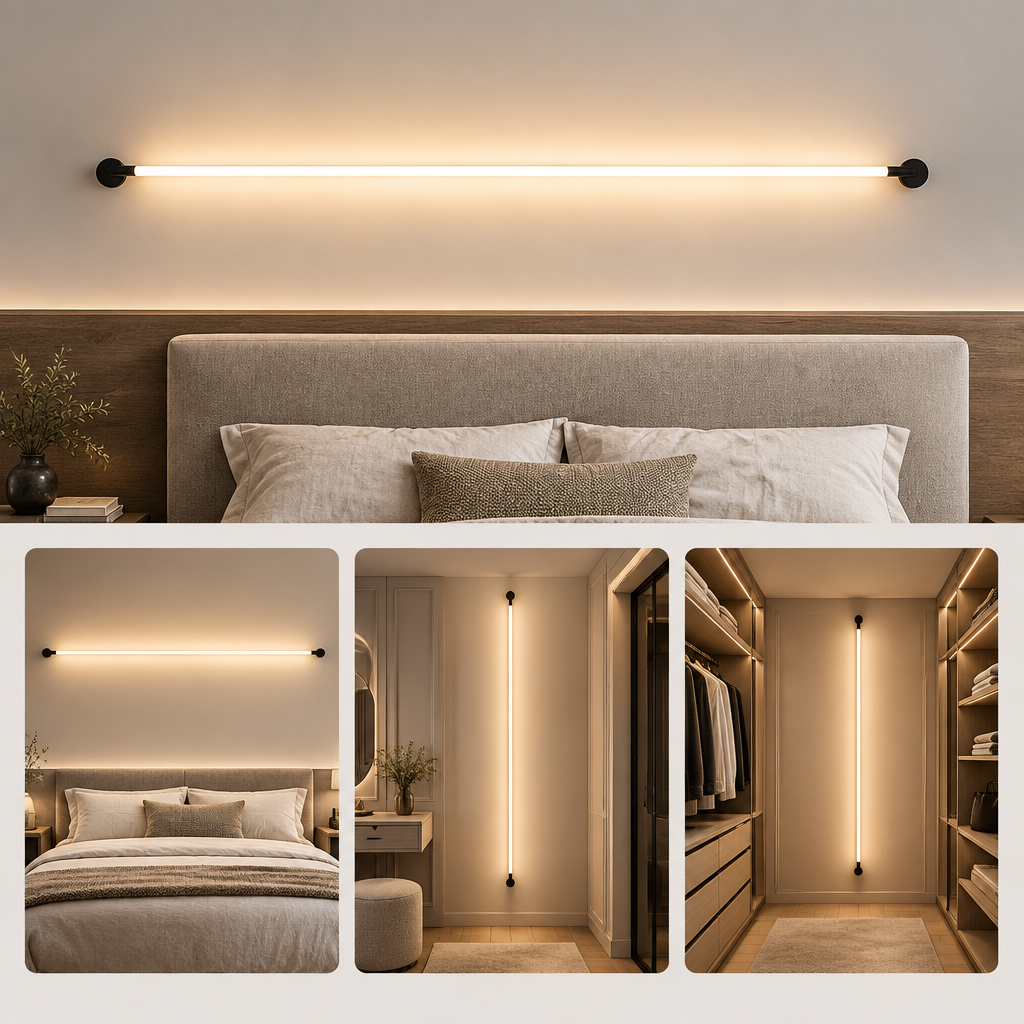 A modern linear wall light fixture with a warm glowing tube, shown mounted above a bed in a bedroom, with three smaller inset views showing additional interior settings including a closet and walk-in closet.