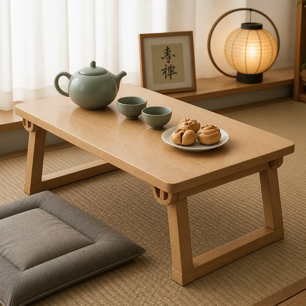 Natural wood folding table in 80 x 40 x 33cm size with a tea set and snacks by a window.