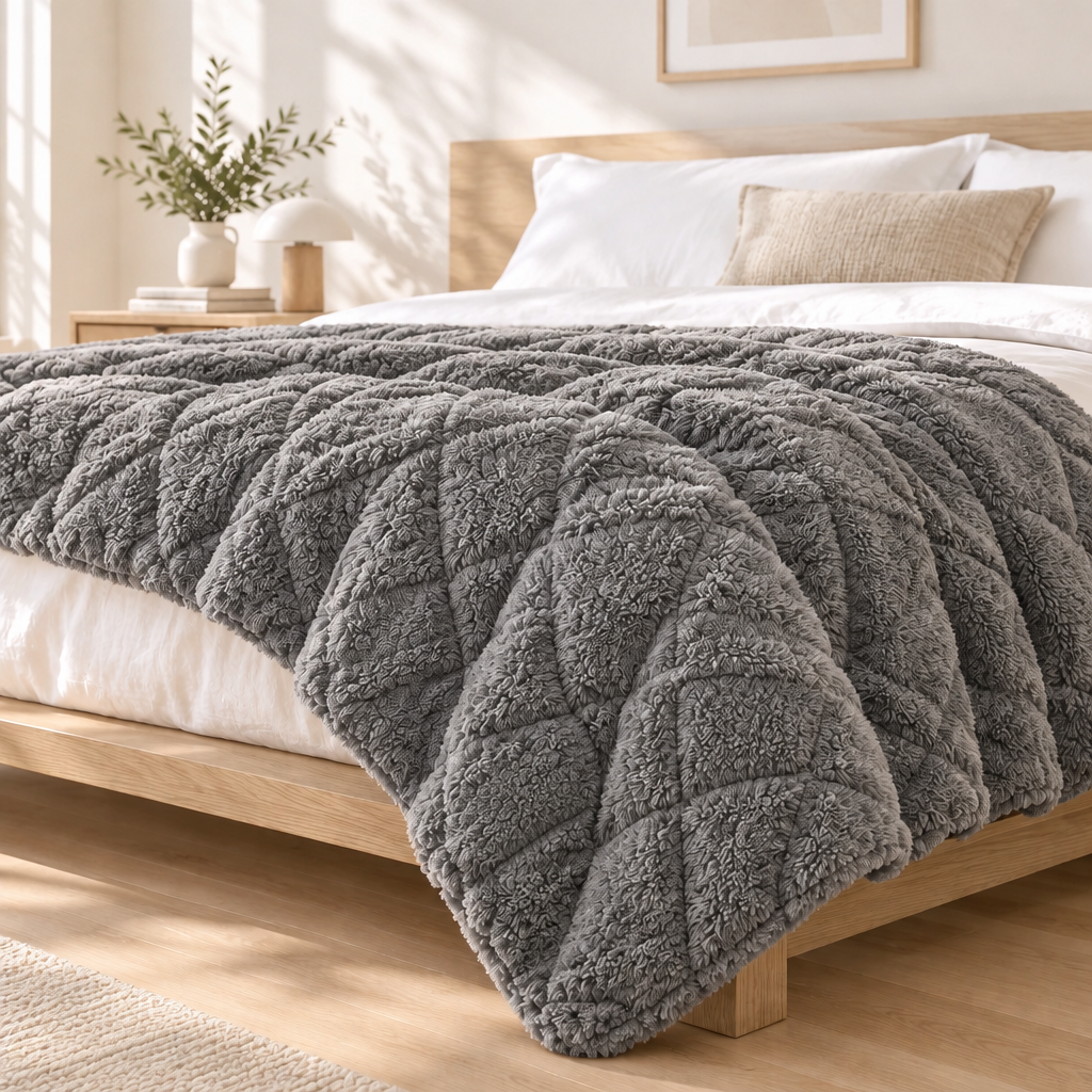 A plush, grey, textured throw blanket with a quilted leaf-like pattern draped over a light-wood bed in a bright, modern bedroom.
