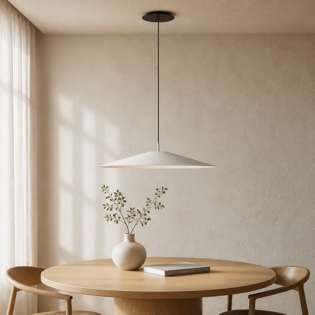 White pendant light above a round wooden dining table with soft curtains and a vase