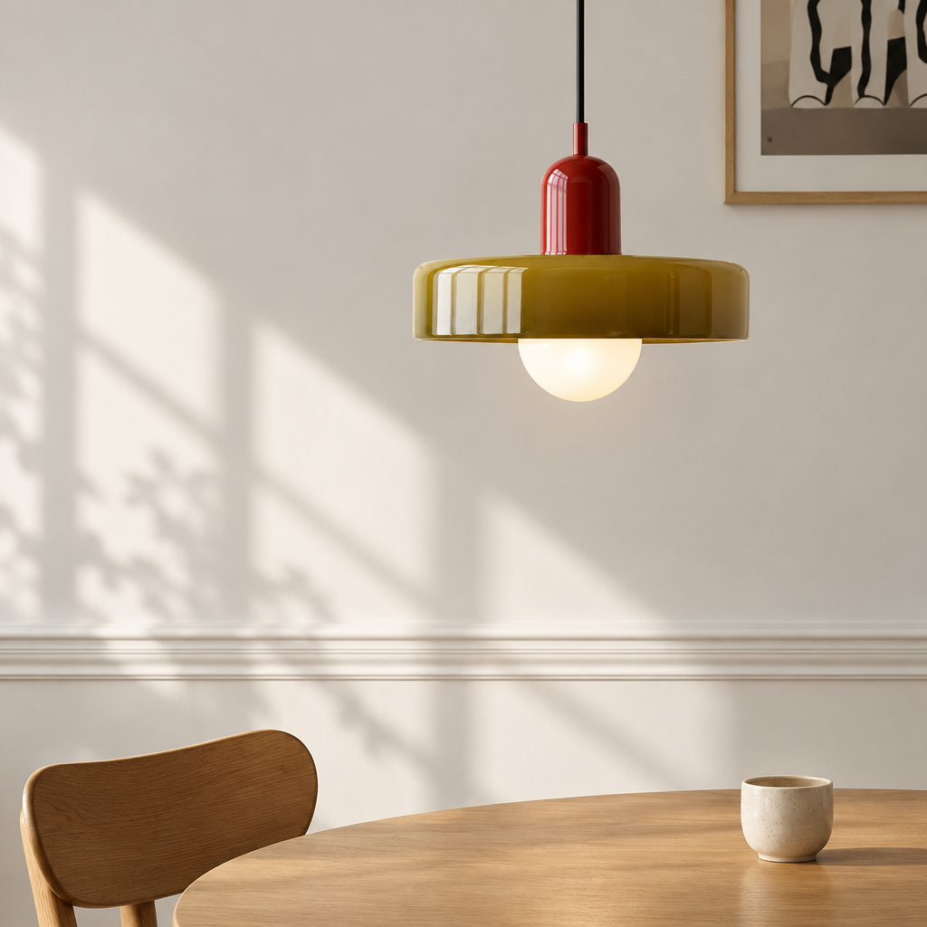 A modern pendant light with a glossy olive green circular shade, a red cylindrical neck, and a glowing white globe bulb, hanging over a wooden dining table in a sunlit room.