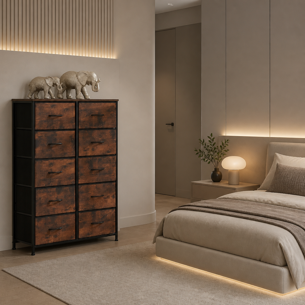 A modern bedroom scene featuring a tall black metal chest of drawers with rustic brown wood-grain fronts and two small elephant figurines on top, positioned next to a bed with warm ambient lighting.