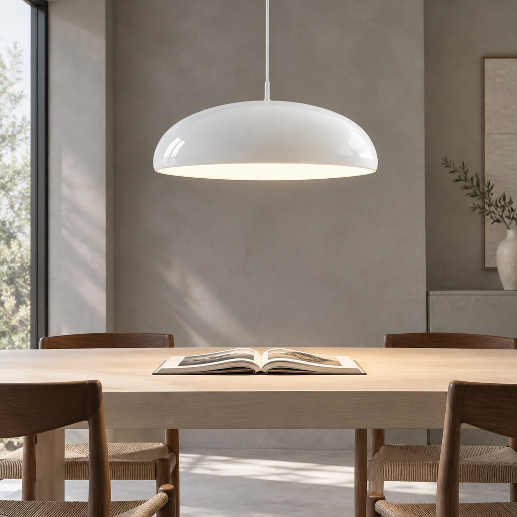 A modern white dome pendant light hanging over a light wood dining table with wooden chairs in a minimalist, warm-toned room.