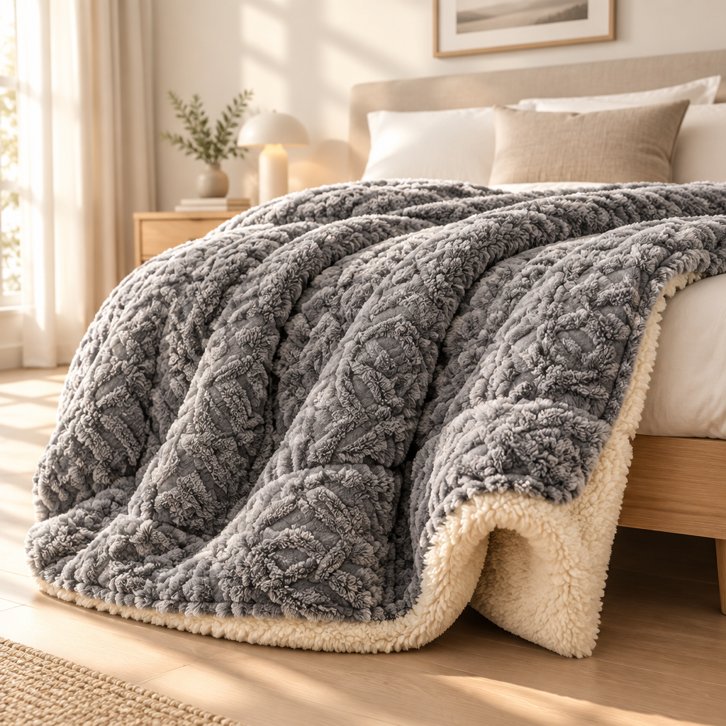 A plush grey textured throw blanket with a cream sherpa lining draped over a bed in a softly lit bedroom.
