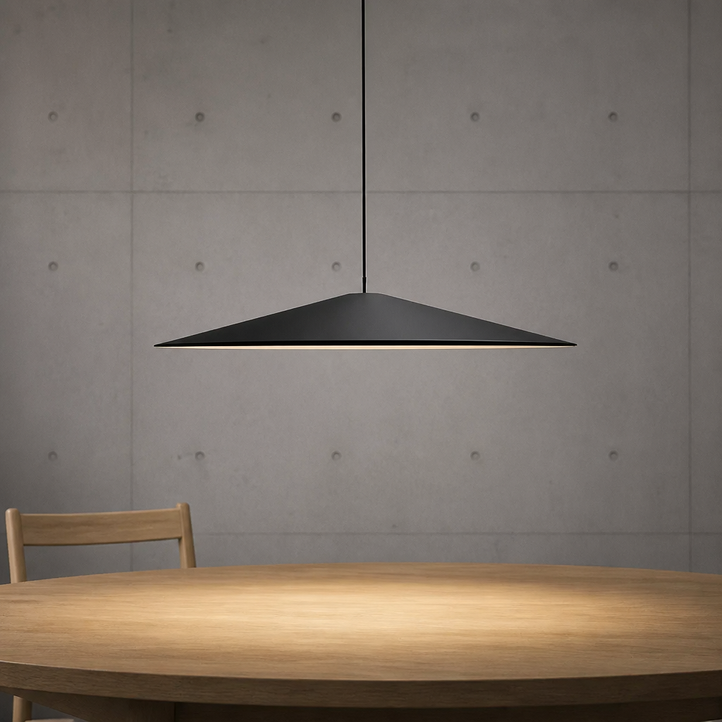 Black minimalist pendant light with wide, low-profile shade above a round wooden table